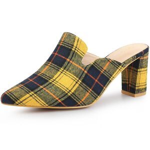Pointed Toe Slip on Chunky Heels Houndstooth Slide Mules Yellow